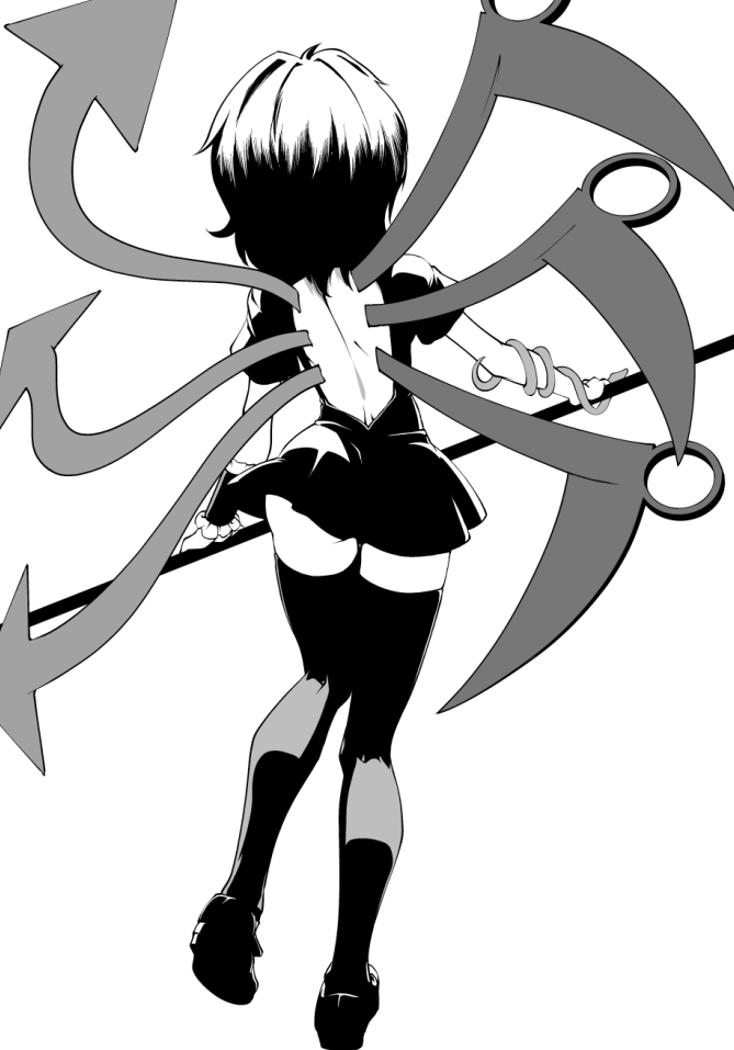 1girl asymmetrical_wings back_cutout black_thighhighs clothing_cutout from_behind full_body holding holding_polearm holding_weapon houjuu_nue kikoka_(mizuumi) monochrome polearm short_hair simple_background snake_armband solo thighhighs touhou weapon white_background wings