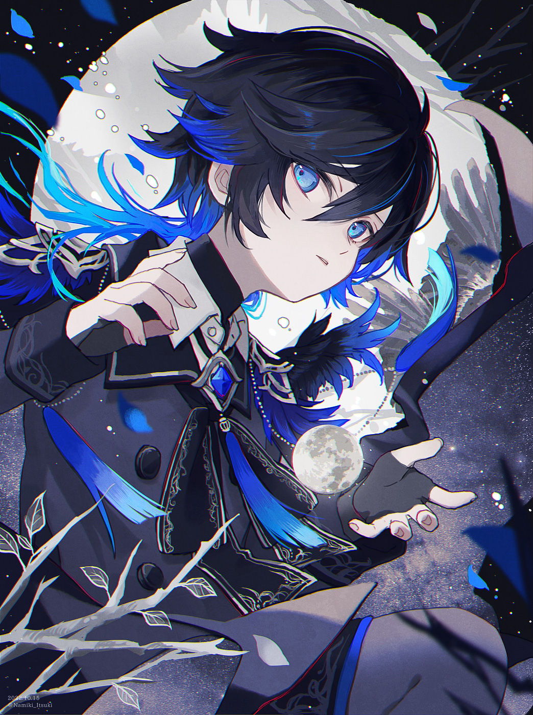 1boy ascot black_ascot black_gloves black_hair black_jacket black_sky blue_eyes blue_hair branch brooch bubble commentary english_commentary feathered_wings fingerless_gloves full_moon gloves gradient_hair hands_up highres jacket jewelry long_sleeves looking_at_viewer male_focus moon multicolored_hair namiki_itsuki night night_sky original outdoors parted_lips petals sky solo tassel upper_body white_wings wings