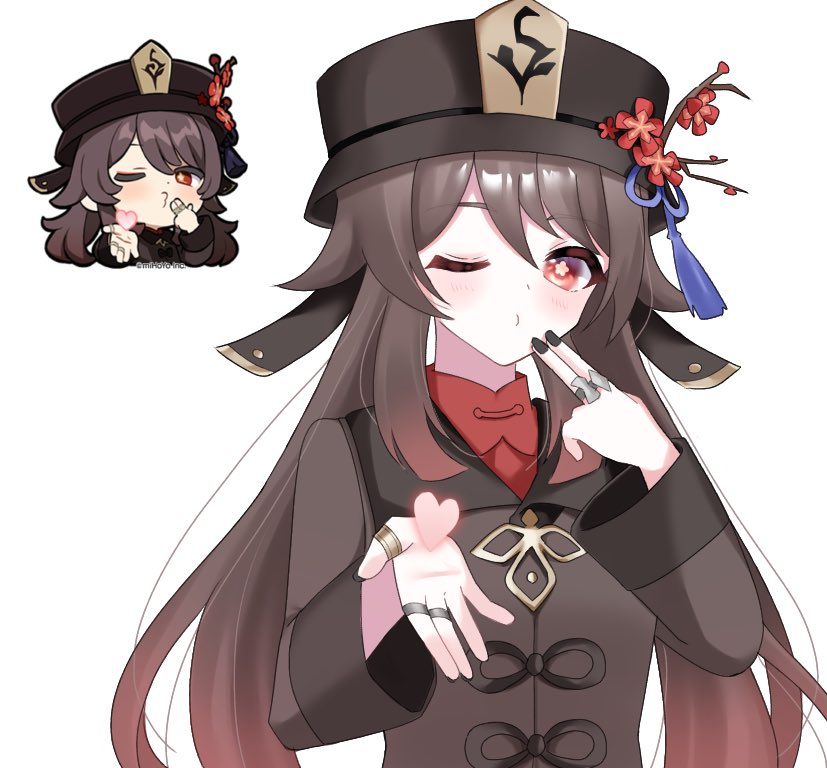 1girl bangs black_nails blue_ribbon blush branch breasts brown_coat brown_hair brown_headwear closed_mouth coat collared_coat fingernails flower flower-shaped_pupils genshin_impact gold hair_between_eyes hand_on_own_face hands_up hat hat_flower hat_ornament hat_ribbon heart hu_tao_(genshin_impact) jewelry kino_(curry_pan) long_fingernails long_hair long_sleeves looking_at_viewer mandarin_collar medium_breasts nail_polish one_eye_closed pink_flower pom_pom_(clothes) red_eyes red_flower red_shirt ribbon ring shirt silver simple_background solo symbol-shaped_pupils twintails upper_body white_background wide_sleeves wing_collar