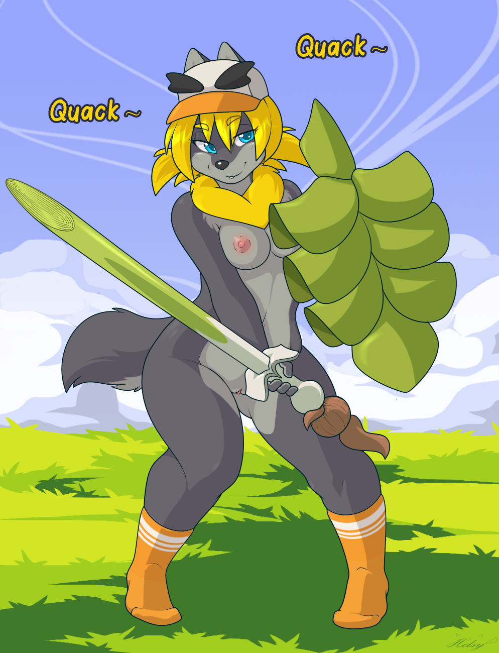 anthro black_body blonde_hair breasts canid canine canis clothing cosplay day female generation_8_pokemon genitals hair hat headgear headwear helsy hi_res looking_at_viewer mammal melee_weapon nintendo nipples nude outside pokemon pokemon_(species) pussy sirfetch'd solo sword video_games weapon wolf