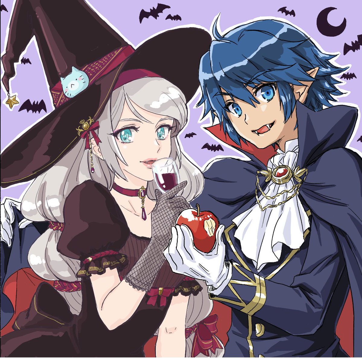 1boy 1girl apple avril_vent_fleur blue_eyes blue_hair dean_stark dress food fruit gloves halloween halloween_costume hat holding holding_food holding_fruit long_hair looking_at_viewer open_mouth oto_nagi smile white_hair wild_arms wild_arms_5 witch_hat