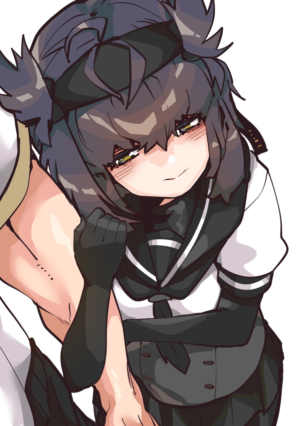 1boy 1girl admiral_(kancolle) bitchcraft123 black_bodysuit black_hair black_headband black_neckerchief black_sailor_collar black_skirt blush bodysuit brown_eyes closed_mouth hachimaki hair_between_eyes hair_flaps hatsuzuki_(kancolle) headband highres kantai_collection neckerchief pleated_skirt puffy_short_sleeves puffy_sleeves sailor_collar school_uniform serafuku short_hair short_sleeves simple_background skirt white_background