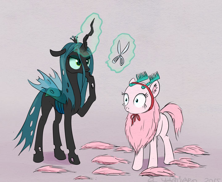 2015 arthropod black_body blue_hair blue_tail brush changeling chest_tuft comb_(brush) cosplay crown digital_media_(artwork) duo earth_pony el-yeguero equid equine fake_antlers fan_character female feral fluffle_puff fluffy fluffy_pony friendship_is_magic fur green_eyes hair hairbrush haircut hand_on_mouth hasbro horn horse levitating_object levitation magic mammal my_little_pony pink_body pink_fur pony pupils queen_chrysalis_(mlp) scissors signature simple_background small_pupils them's_fightin'_herds thinking tuft velvet_reindeer_(tfh) wings