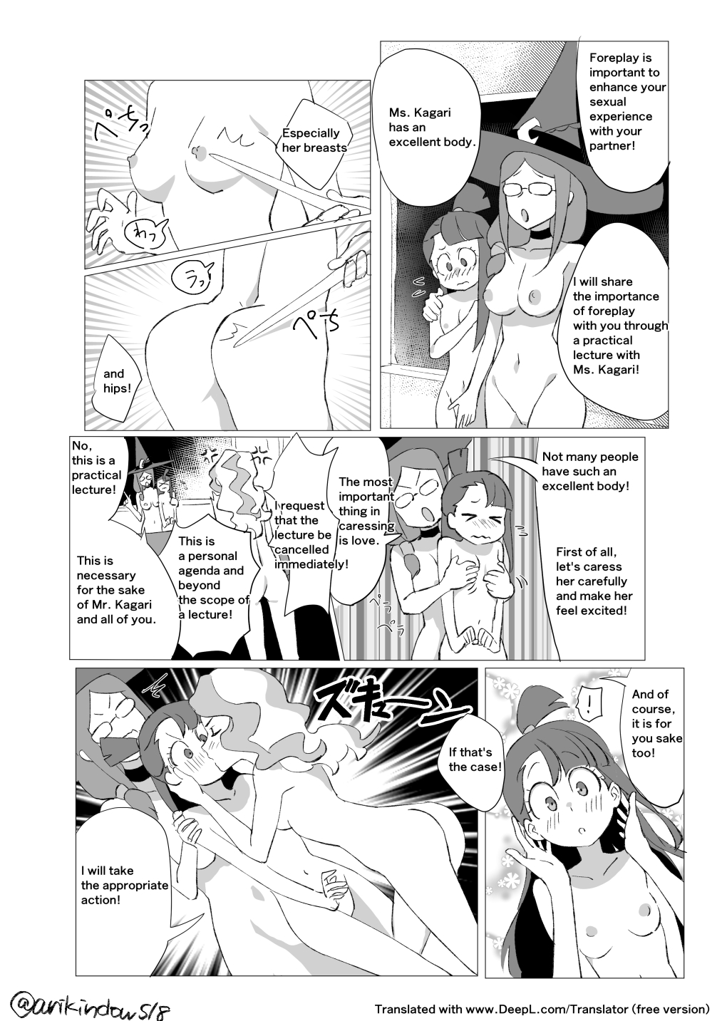 ! 3girls anger_vein arikindows10 arm_around_shoulder ass blush breasts closed_eyes commentary_request diana_cavendish english_text glasses greyscale hat highres kagari_atsuko kiss little_witch_academia monochrome multiple_girls navel nipples ursula_charistes witch_hat yuri