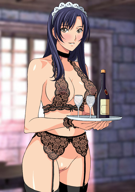 alcohol black_hair blush bottomless bra breasts choker cleavage copyright_request cup drinking_glass garter_belt glass lingerie long_hair maid maid_headdress medium_breasts rudoni smile solo thighhighs tray underwear underwear_only wine wine_glass yellow_eyes