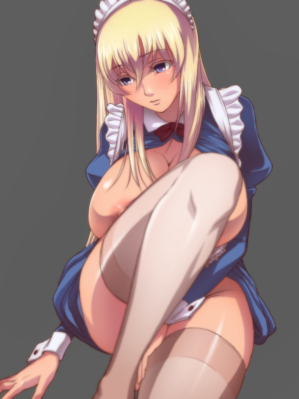 blonde_hair blue_eyes blush breasts cnj_(artist) huge_breasts legs long_hair long_legs maid nipples original ribbon simple_background solo thighhighs thighs