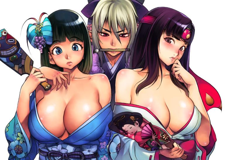 blue_eyes breasts cleavage echidna f.s. hagoita huge_breasts japanese_clothes menace multiple_girls paddle queen's_blade tomoe