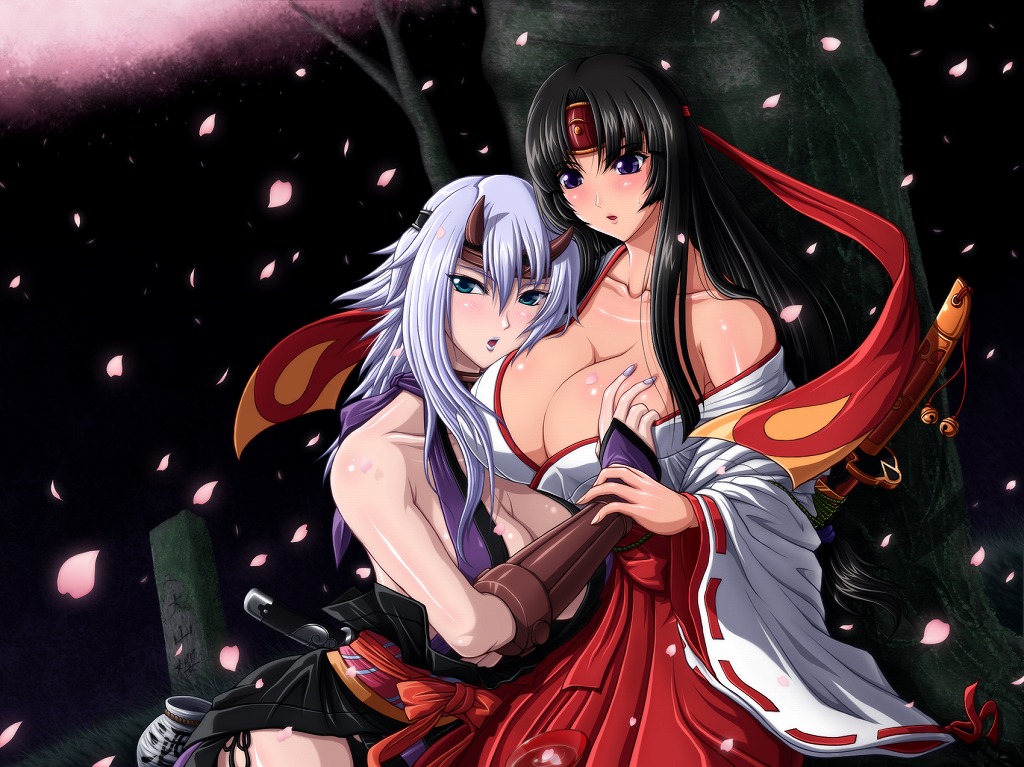 black_hair blue_eyes blush breasts cleavage gauntlets headband horns huge_breasts japanese_clothes katana mucoro multiple_girls purple_eyes purple_hair queen's_blade shizuka_(queen's_blade) sword tomoe weapon