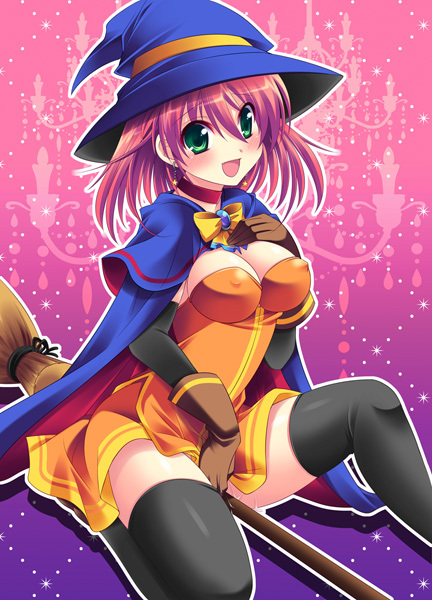 alice_wishheart aqua_eyes argyle argyle_background black_legwear blush bow broom cape choker earrings gloves gradient gradient_background green_eyes hat jewelry magical_halloween orange_skirt pink_background purple_background red_hair sitting skirt solo star star_earrings thighhighs tokinon witch witch_hat yellow_bow