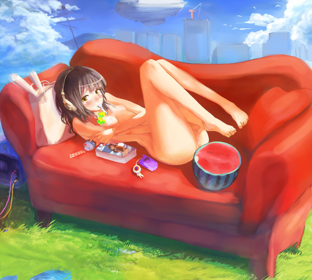 aircraft bag barefoot bird black_hair blimp blush book breasts brown_eyes cable cellphone cellphone_charm cityscape cloud couch day dirigible feet food fruit full_body grass headphones legs legs_up lying nude on_back original outdoors phone plantar_flexion red rooftop short_hair sky small_breasts solo spoon tsukino_hp water watermelon wind_chime