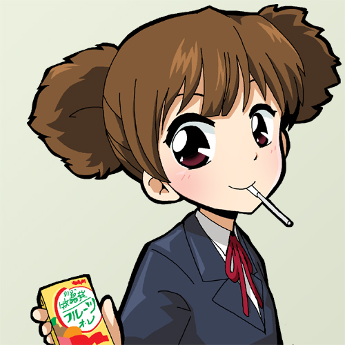 brown_eyes brown_hair drinking_straw face juice_box k-on! kono1 lowres mouth_hold school_uniform short_hair smile solo suzuki_jun twintails