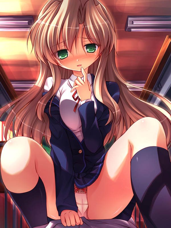 blazer blush cameltoe copyright_request jacket kneehighs long_hair panties pantyshot school_uniform socks solo underwear yuku_(kiollion)