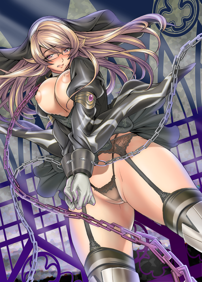 bdsm blonde_hair blush bondage bound breasts chain curvy g-string garter_belt garters glasses groin habit large_breasts long_hair myouga nipples nun panties queen's_blade queen's_blade_rebellion sigui_(queen's_blade) solo thick_thighs thighhighs thighs thong underwear wide_hips