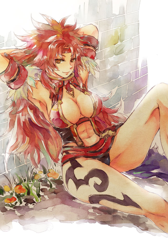 abs armpits arms_behind_head artist_request breasts brown_eyes cleavage headband large_breasts legs muscle panties queen's_blade red_hair risty sitting smile solo tattoo thighs underwear