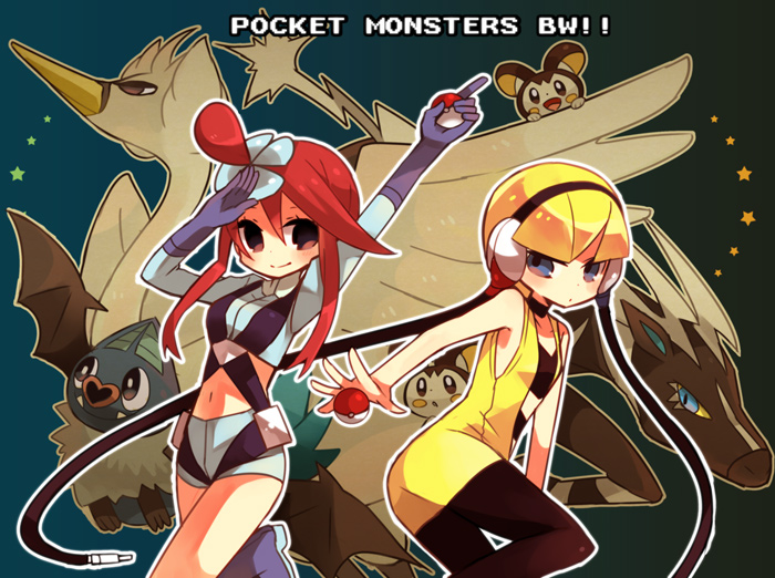 akebi_(kakororo) bare_shoulders blonde_hair blue_eyes choker dot_nose emolga fuuro_(pokemon) gen_5_pokemon gloves gym_leader headphones kamitsure_(pokemon) midriff multiple_girls navel pantyhose pokemon pokemon_(creature) pokemon_(game) pokemon_bw red_hair short_hair shorts swanna swoobat zebstrika