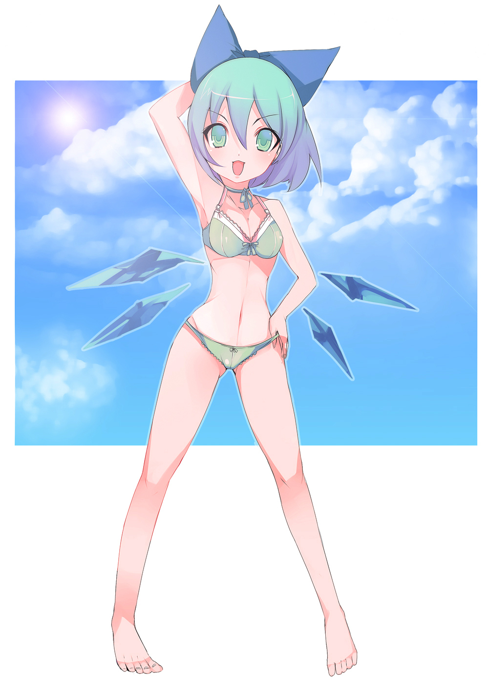 aqua_hair armpits bad_id bad_pixiv_id banned_artist barefoot bow bra choker cirno cloud day feet full_body gradient_hair green_bra green_eyes green_panties hair_bow hand_behind_head highres lavender_hair lens_flare lingerie looking_at_viewer multicolored_hair navel outside_border panties ribbon_choker short_hair simple_background sky solo standing tetsubuta touhou underwear underwear_only wings