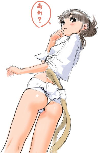 :o ass back bad_id bad_pixiv_id black_eyes black_hair blush copyright_request covered_nipples crop_top embarrassed flat_chest from_behind front-tie_top fundoshi hair_bun hair_up japanese_clothes legs looking_back sano_toshihide short_hair sketch solo standing surprised translated yamakasa