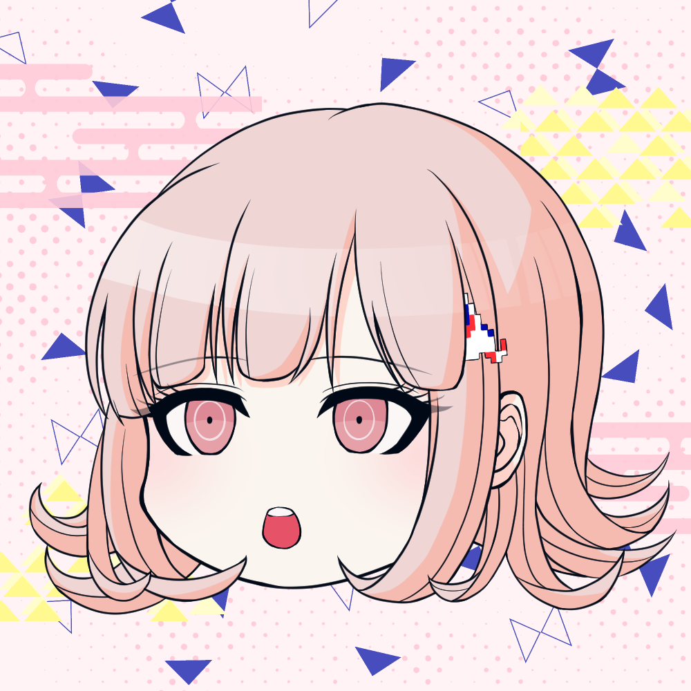 1girl :o bangs brown_hair danganronpa_(series) danganronpa_2:_goodbye_despair flipped_hair galaga hair_ornament head medium_hair multicolored_background nanami_chiaki nanamyi_(sevens-sea-ai) pink_eyes solo teeth upper_teeth