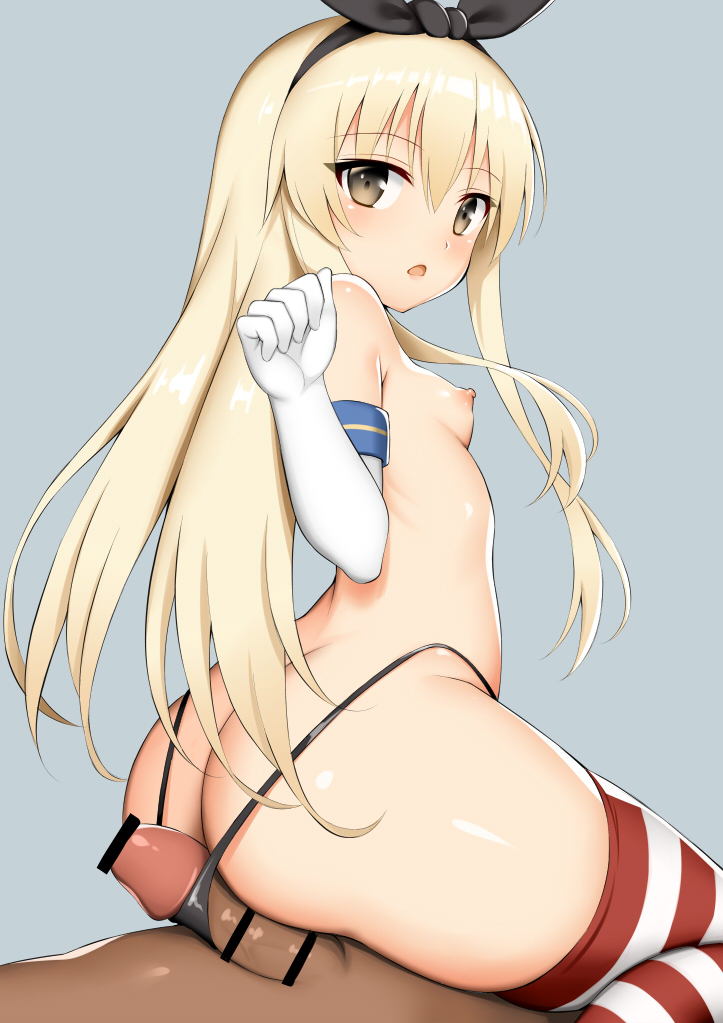 1boy 1girl ass bangs bar_censor black_hairband black_pants blonde_hair breasts buttjob censored dark-skinned_male dark_skin elbow_gloves gloves grey_background grinding hairband kantai_collection long_hair looking_at_viewer nipples open_mouth pants penis red_thighhighs shimakaze_(kancolle) simple_background small_breasts solo_focus striped striped_thighhighs thighhighs toshishikisai white_gloves white_thighhighs yellow_eyes