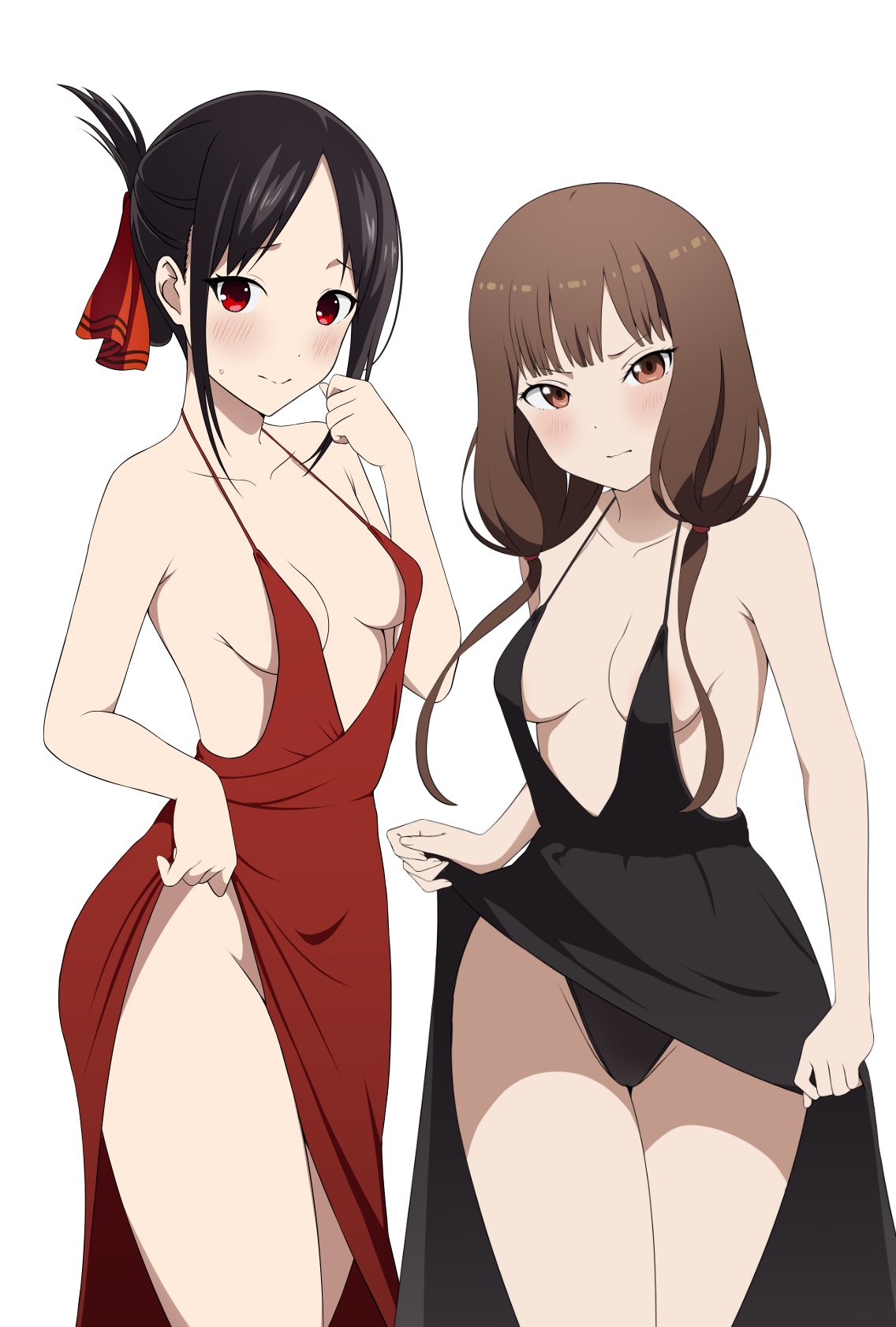 2girls bangs bare_shoulders black_dress black_hair blunt_bangs blush breasts brown_eyes brown_hair cleavage closed_mouth clothes_lift coro_fae dot_nose dress dress_lift evening_gown folded_ponytail hand_up highres iino_miko kaguya-sama_wa_kokurasetai_~tensai-tachi_no_renai_zunousen~ lifted_by_self long_hair looking_at_viewer low_twintails medium_breasts multiple_girls nervous_smile no_bra no_panties plunging_neckline red_dress red_eyes red_ribbon ribbon shinomiya_kaguya sidelocks simple_background small_breasts smile spaghetti_strap sweatdrop thighs twintails underwear white_background