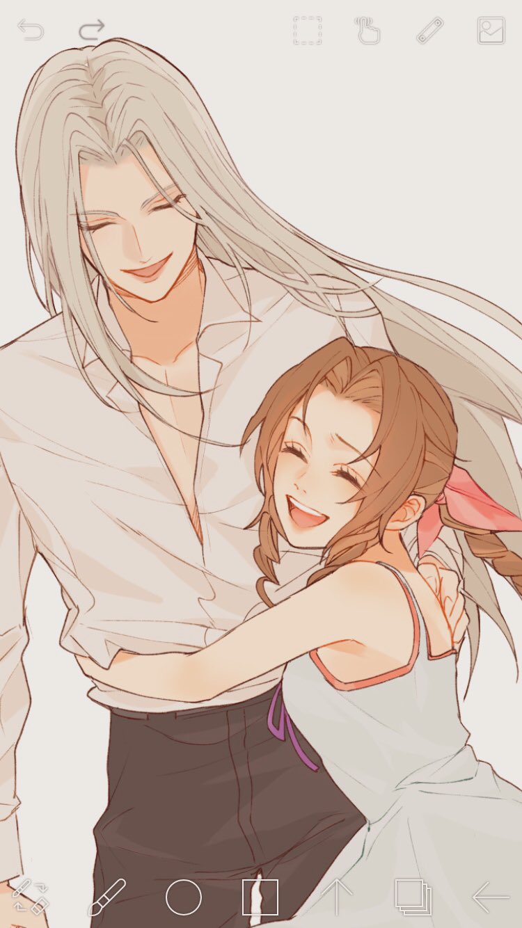 0_ebj 1boy 1girl aerith_gainsborough alternate_universe arms_around_waist bangs bare_arms black_pants braid braided_ponytail breasts brown_hair closed_eyes collared_shirt crisis_core_final_fantasy_vii dress final_fantasy final_fantasy_vii grey_background grey_hair hand_on_another's_back highres hug long_bangs long_hair long_sleeves medium_breasts open_collar open_mouth pants parted_bangs pink_ribbon ribbon sephiroth shirt sidelocks sleeveless sleeveless_dress smile teeth upper_teeth wavy_hair white_dress white_shirt