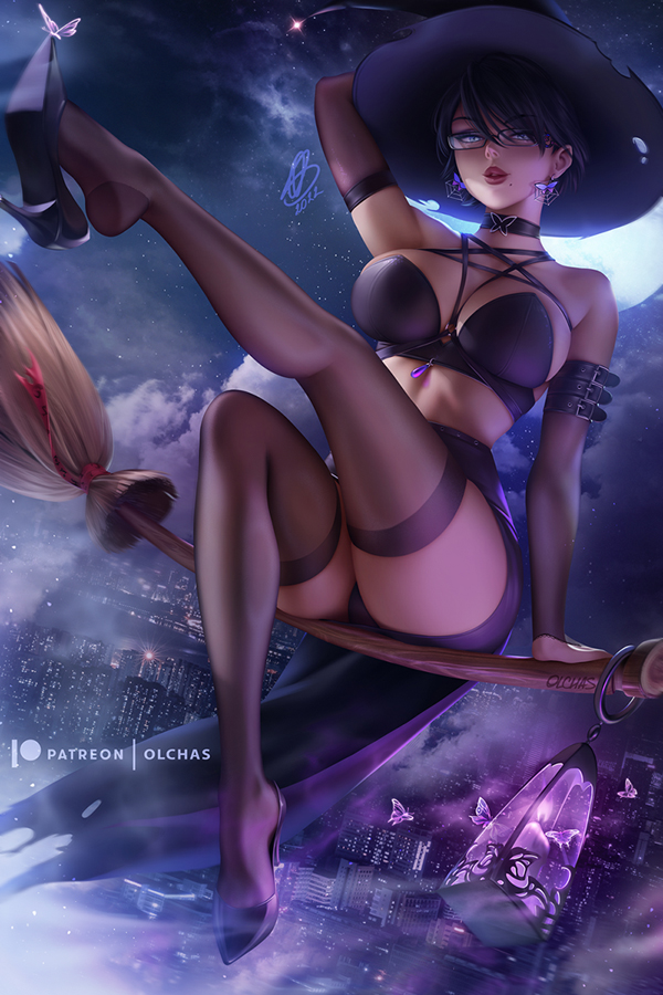 1girl artist_name bangs bayonetta bayonetta_(series) black_choker black_hair black_panties black_thighhighs breasts bridal_gauntlets broom broom_riding bug bustier butterfly choker city earrings elbow_gloves english_commentary flying full_moon glasses gloves hand_on_headwear hat high_heels jewelry lantern large_breasts lips looking_at_viewer mole mole_under_mouth moon night olchas panties pencil_skirt purple_eyes short_hair sidesaddle skirt solo thighhighs underwear witch_hat