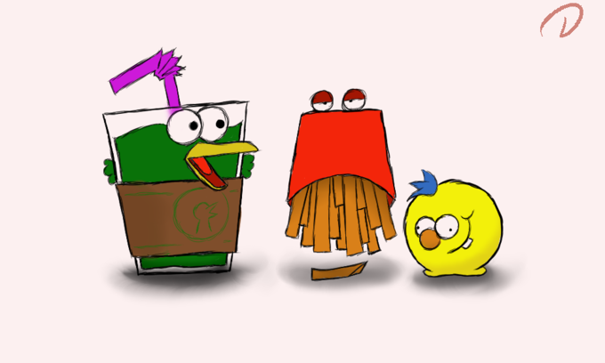 2022 adult_swim ambiguous_gender animate_inanimate anthro aqua_teen_hunger_force avian beak blue_hair cartoon_network crossover don't_hug_me_i'm_scared duck_guy_(dhmis) dumb floating food fries frylock green_body group hair male master_shake meatball meatwad milkshake orange_nose red_body red_guy_(dhmis) short_arms simple_background smile straw trio unknown_artist white_background yellow_beak yellow_body yellow_guy_(dhmis)