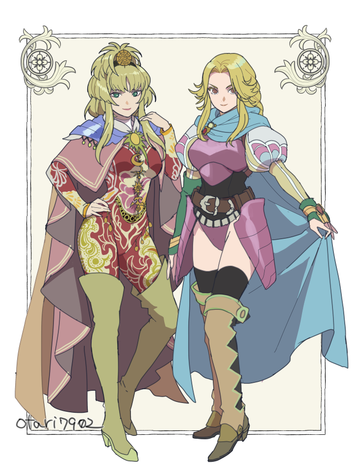 armor blonde_hair bodysuit boots braid braided_ponytail cape dual_persona green_eyes indesign juliet_sleeves leotard long_hair long_sleeves protagonist_(romancing_saga_2) puffy_sleeves red_bodysuit romancing_saga_2 saga the_final_empress