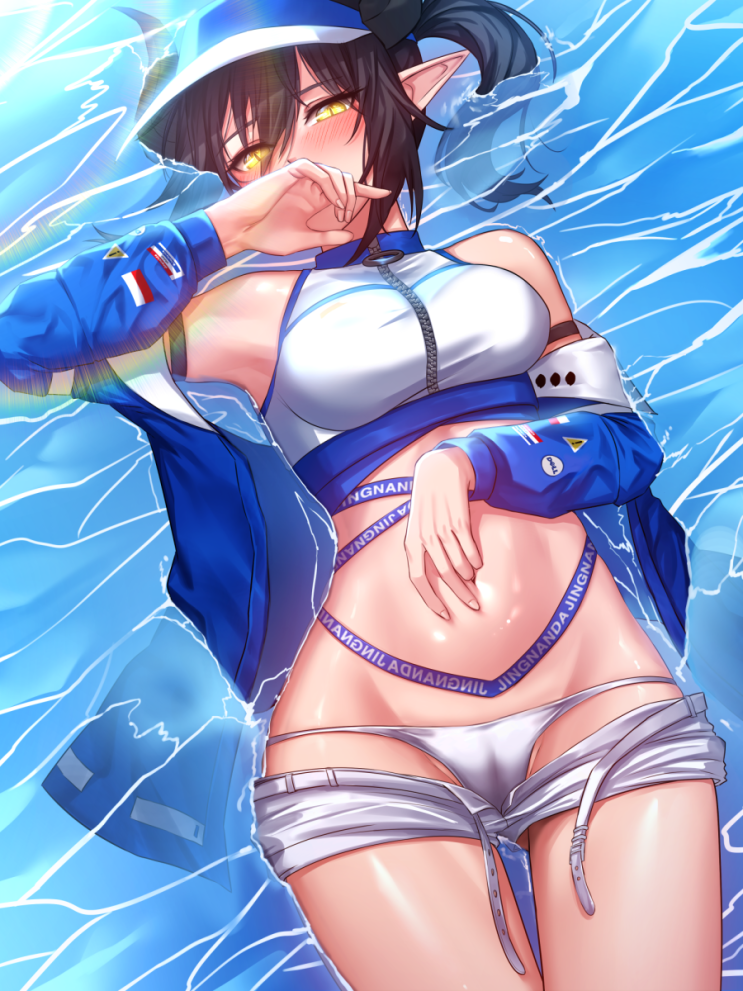 1girl afloat arknights arm_strap ass_visible_through_thighs bare_shoulders bikini blue_jacket blush cameltoe character_request clothes_pull cosplay covering_face hand_on_own_stomach horns jacket kibellin long_sleeves looking_at_viewer medium_hair navel off_shoulder official_alternate_costume open_clothes open_fly open_jacket open_shorts pointy_ears short_hair short_ponytail shorts shorts_pull side_ponytail sideroca_(arknights) sideroca_(arknights)_(cosplay) sideroca_(light_breeze)_(arknights) solo swimsuit visor_cap vrchat white_bikini white_headwear white_shorts yellow_eyes zipper