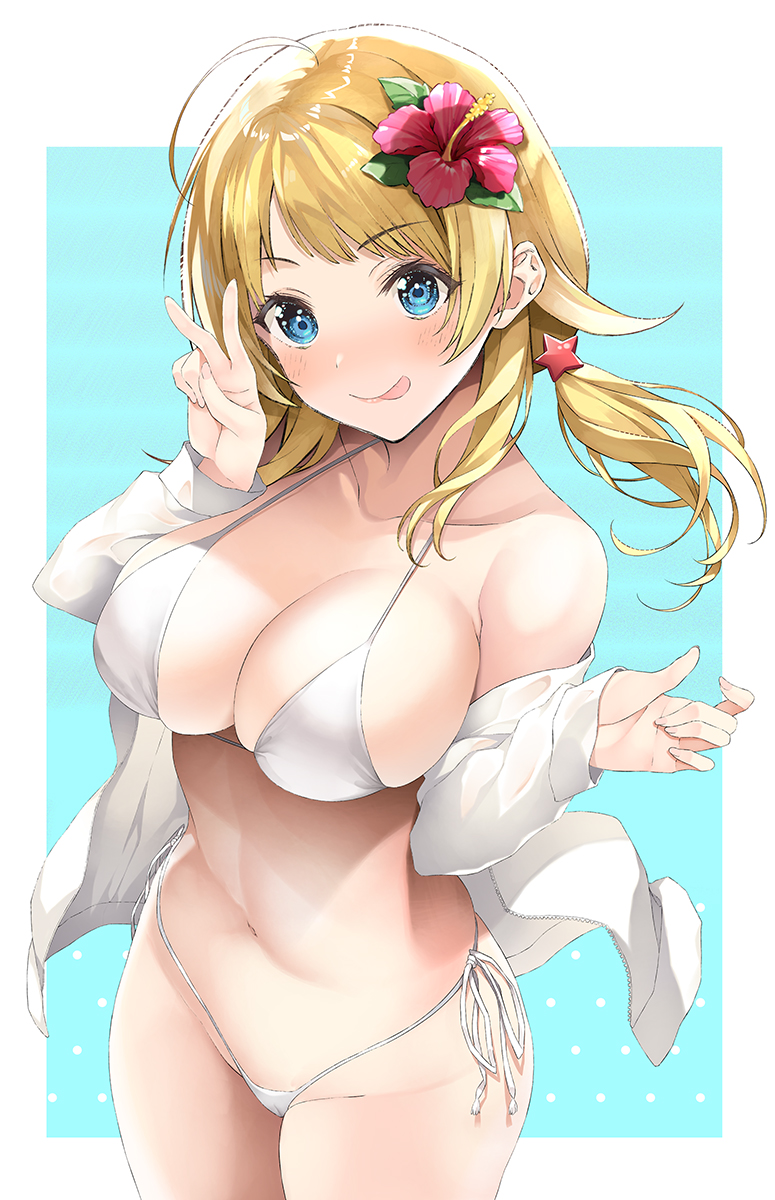 1girl :p bangs bare_shoulders bikini blonde_hair blue_eyes blush breasts cleavage closed_mouth commentary_request flower from_above hachimiya_meguru hair_flower hair_ornament hand_up highres idolmaster idolmaster_shiny_colors inuzumi_masaki large_breasts long_hair long_sleeves looking_at_viewer navel off_shoulder open_clothes open_shirt shirt sideboob smile solo star_(symbol) star_hair_ornament swimsuit tongue tongue_out v white_bikini white_shirt