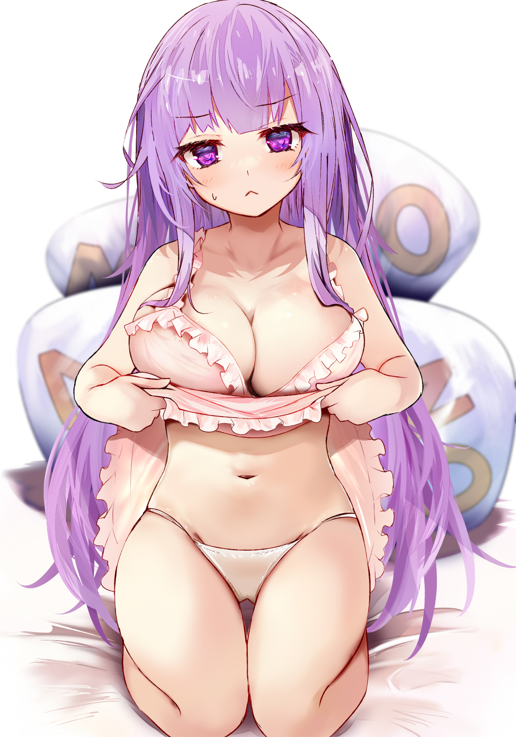 1girl :&lt; bangs bare_arms bare_shoulders blush breasts cleavage closed_mouth collarbone efe full_body highres kneeling large_breasts long_hair navel panties patchouli_knowledge purple_eyes purple_hair revision sleeveless solo thighs touhou underwear white_panties