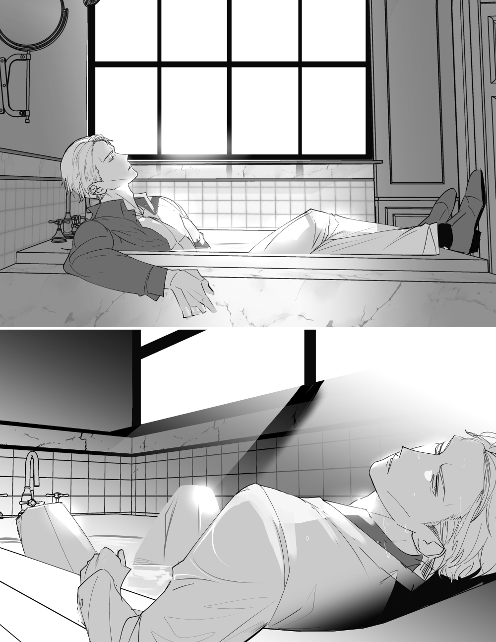 1boy bathroom bathtub closed_eyes collared_shirt faucet formal highres indoors jujutsu_kaisen long_sleeves looking_at_viewer lying male_focus monochrome nanami_kento on_back parted_lips shirt shoes short_hair solo ssss7777_7 suit window windows