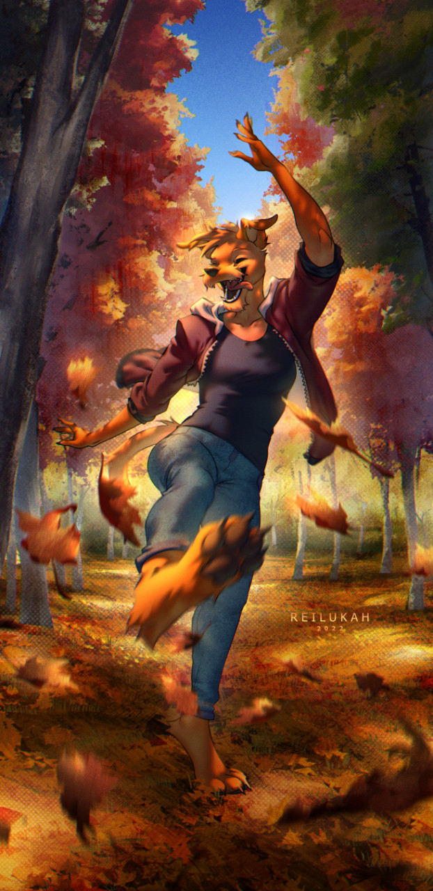2022 4_toes 5_fingers anthro barefoot breasts canid canine canis clothed clothing day detailed_background digital_media_(artwork) digitigrade domestic_dog feet female fingers forest grass hi_res mammal open_mouth outside plant reilukah smile teeth toes tongue tree