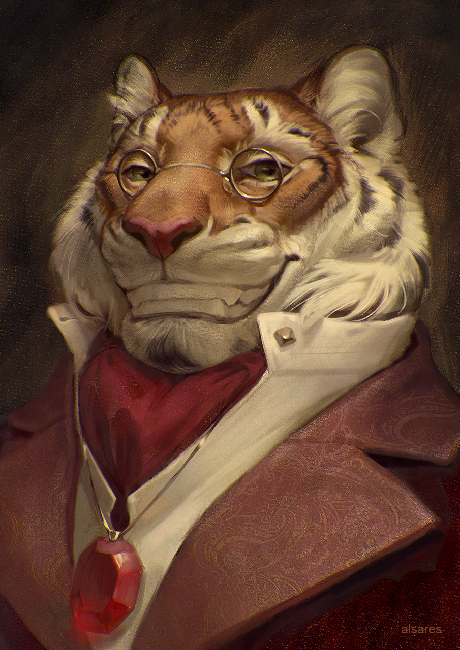 2022 alsares anthro clothed clothing digital_media_(artwork) eyewear felid glasses green_eyes hi_res looking_at_viewer male mammal pantherine smile tiger