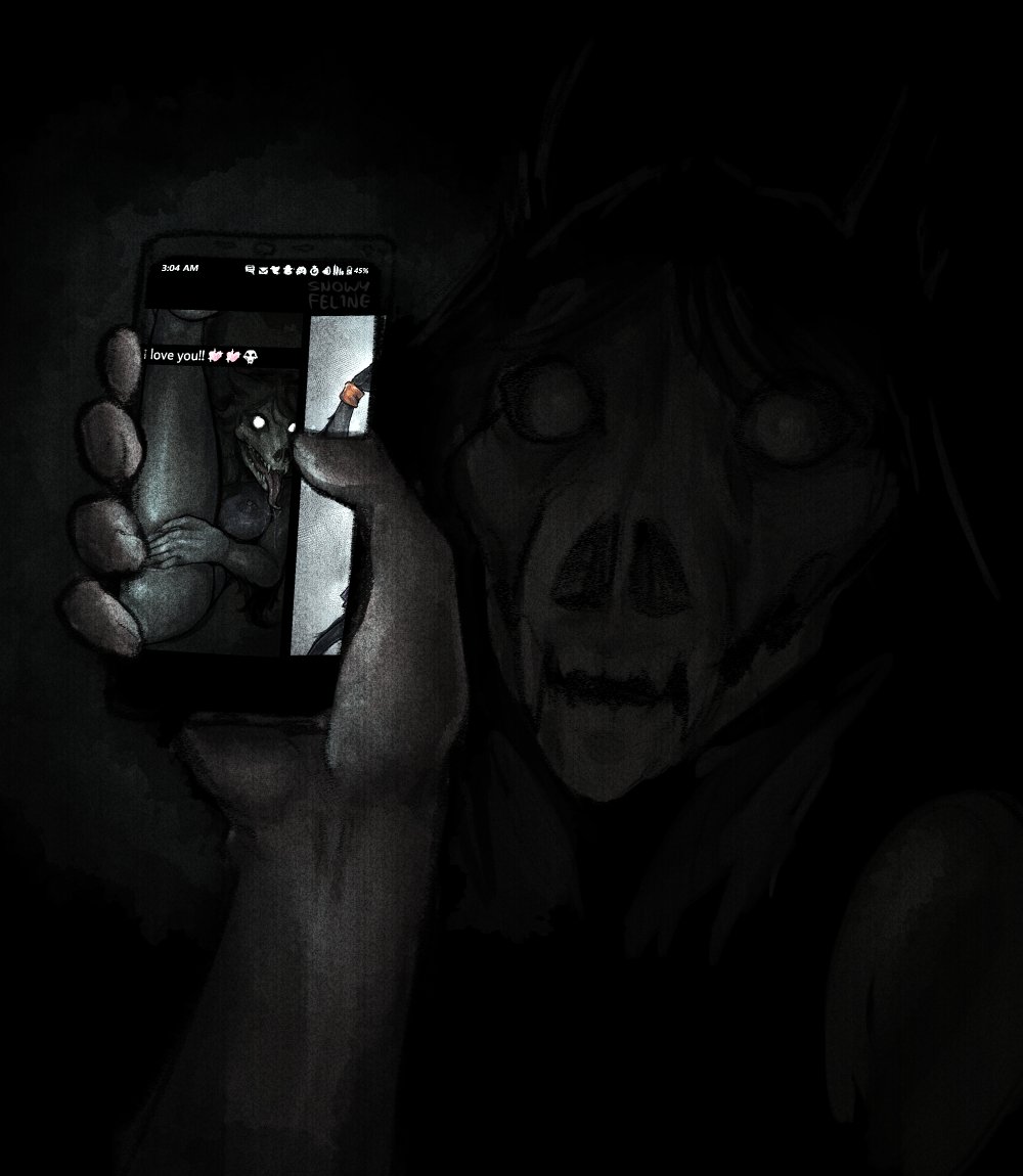 2022 anthro biped black_background black_hair bone breasts canid canine cellphone digital_media_(artwork) empty_eyes english_text fangs female hair holding_object holding_phone human human_pov looking_at_viewer malo mammal nipples phone scp-1471 scp-1471-a scp_foundation simple_background skull skull_head smartphone snowyfeline solo text white_eyes