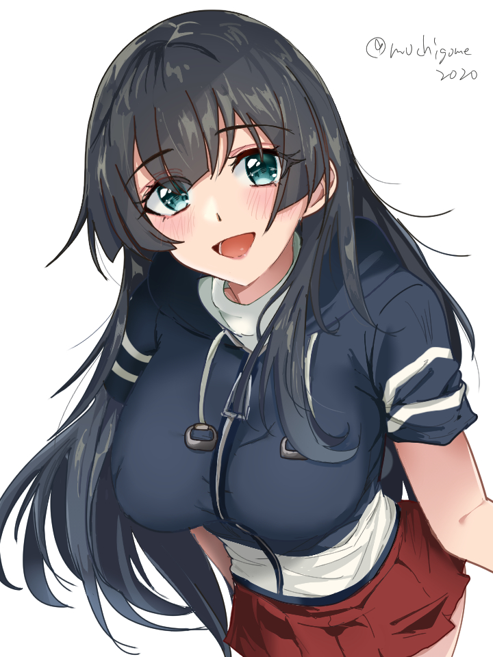 1girl agano_(kancolle) alternate_sleeve_length black_hair cowboy_shot drawstring from_above green_eyes jacket kantai_collection long_hair looking_at_viewer mochigome2020 multicolored_clothes multicolored_jacket official_alternate_costume one-hour_drawing_challenge pleated_skirt red_skirt short_sleeves simple_background skirt solo two-tone_jacket white_background