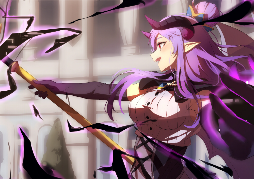 black_cape black_gloves blue_gemstone breasts cape dragon_girl dragon_horns dragon_wings elbow_gloves from_side gem gloves hair_bun holding holding_staff holding_weapon homare_(princess_connect!) horns jewelry long_hair magic momiji_oroshi necklace open_mouth outdoors pointy_ears princess_connect! purple_hair red_eyes solo staff tree weapon wings