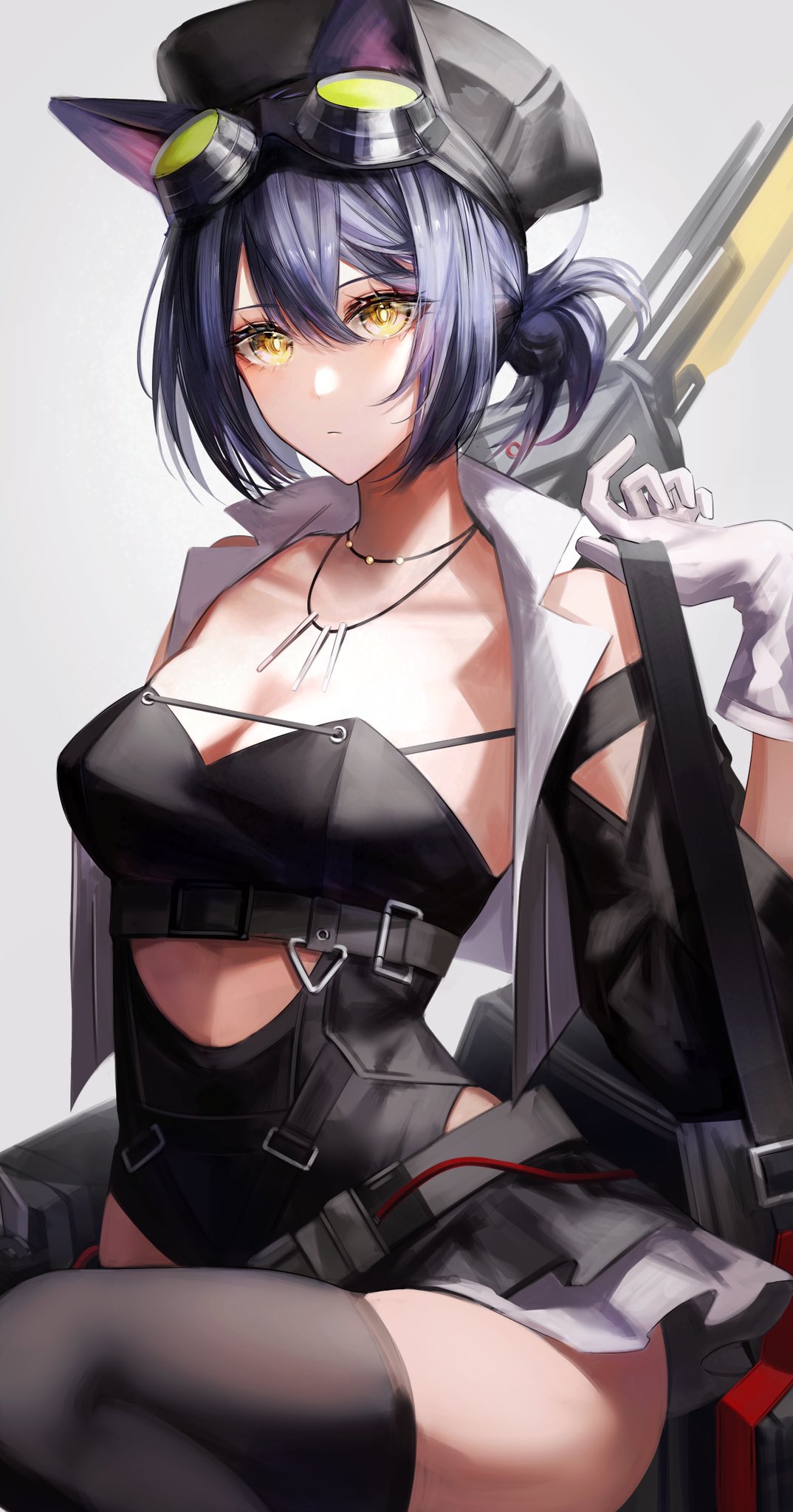 1girl akqne animal_ears arknights bag black_hair black_headwear black_leotard black_skirt black_thighhighs breasts cat_ears cleavage closed_mouth collarbone gloves goggles goggles_on_head gun hat highres jewelry layered_skirt leotard long_sleeves looking_at_viewer necklace photoshop_(medium) rockrock_(arknights) short_hair short_ponytail shoulder_bag sitting skirt solo thighhighs underbust weapon white_gloves white_skirt yellow_eyes