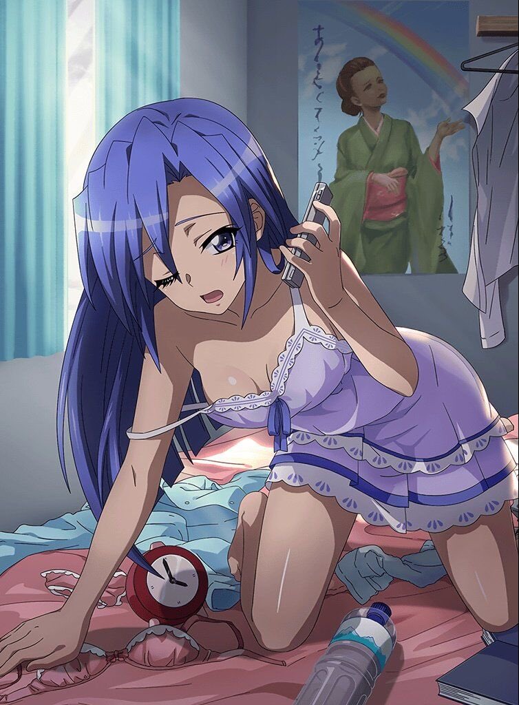 1girl alarm_clock barefoot bed bedroom blue_eyes blue_hair book bra bra_removed breasts camisole cellphone cleavage clock clothes_hanger collarbone curtains holding holding_phone indoors kazanari_tsubasa kneeling long_hair morning one_eye_closed open_mouth panties panties_removed phone plastic_bottle poster_(object) senki_zesshou_symphogear small_breasts smartphone solo sunlight tsubahibimiku underwear waking_up