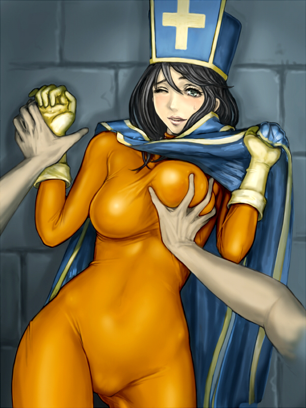 against_wall black_hair bodysuit breast_grab breasts cape cross dragon_quest dragon_quest_iii gloves grabbing kaeru large_breasts mitre orange_bodysuit priest_(dq3) skin_tight solo_focus tabard wince