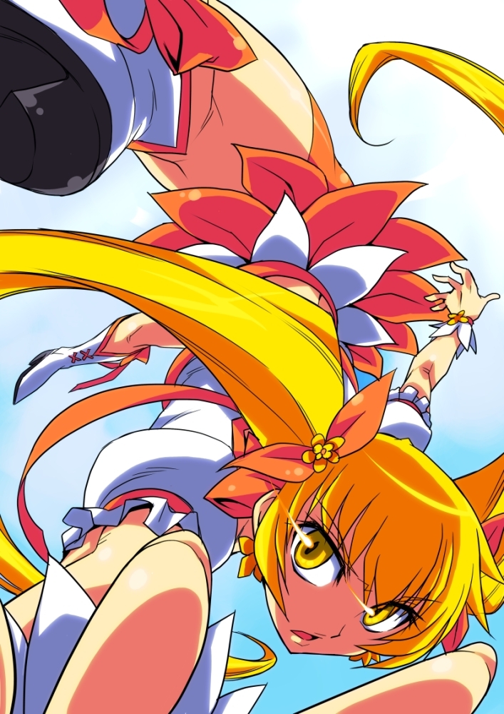 action bad_id bad_pixiv_id blonde_hair bow cure_sunshine heartcatch_precure! hisakawa_chin kneepits long_hair magical_girl myoudouin_itsuki orange_bow orange_skirt precure skirt solo twintails very_long_hair yellow_eyes