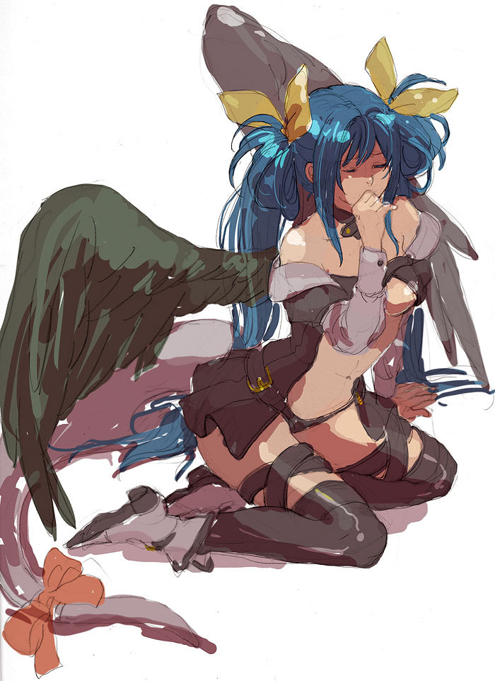 asymmetrical_wings bare_shoulders blue_hair boots bow breasts dizzy guilty_gear hair_bow hiyori_chisha kneeling long_hair medium_breasts navel ribbon solo tail tail_ribbon thighhighs underboob wings