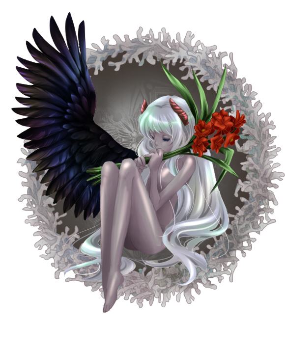 bad_id bad_pixiv_id closed_eyes copyright_request flower hira_taira horns long_hair silver_hair single_wing solo very_long_hair wings