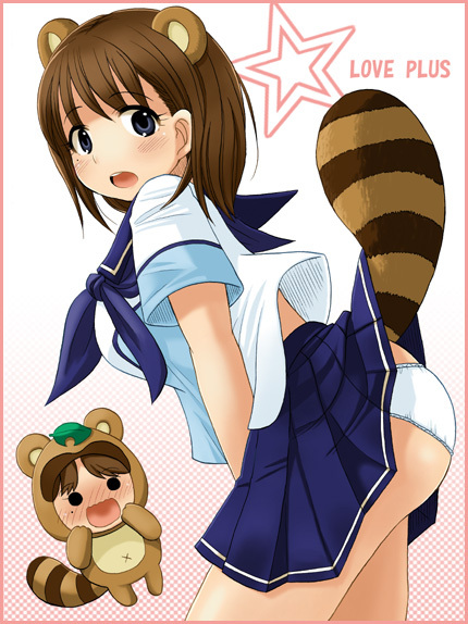 anegasaki_nene animal_costume animal_ears blue_eyes blush brown_hair chibi kotobuki_maimu love_plus mole mole_under_eye panties pantyshot raccoon raccoon_ears raccoon_tail school_uniform serafuku short_hair tail underwear