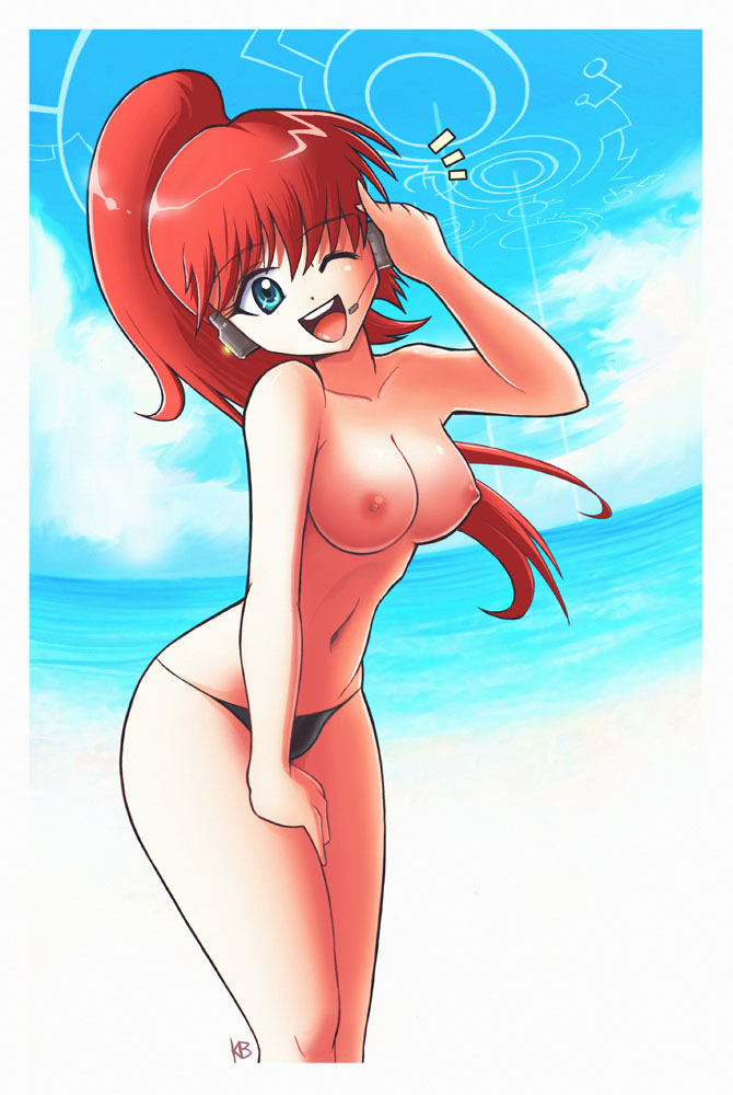 bad_source beach bikini blue_eyes breasts day headset karbo long_hair medium_breasts nipples open_mouth original ponytail red_hair small_nipples solo swimsuit topless