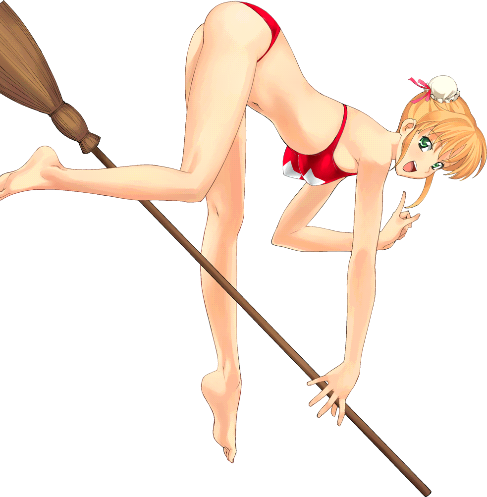 a1 ass barefoot bikini blonde_hair broom bun_cover double_bun feet full_body green_eyes hands long_legs quiz_magic_academy smile solo swimsuit transparent_background yang_yang