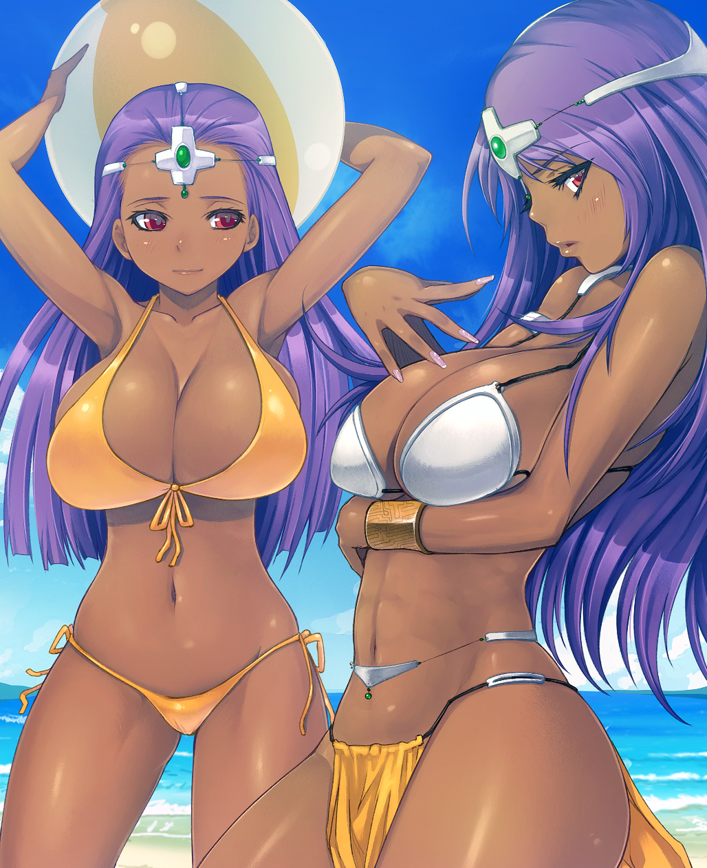 abs armpits ball bare_shoulders beach beachball bikini breast_hold breasts cleavage curvy dark_skin day dragon_quest dragon_quest_iv front-tie_top highres huge_breasts long_hair mahito manya midriff minea multiple_girls muscle navel ocean orange_bikini outdoors pelvic_curtain purple_hair red_eyes siblings swimsuit thighs toned twins water wide_hips