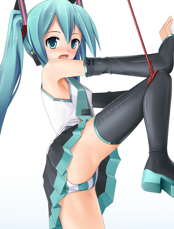 aqua_eyes aqua_hair blush boots detached_sleeves eto hatsune_miku long_hair necktie open_mouth panties red_rope rope simple_background skirt solo spread_legs striped striped_panties thigh_boots thighhighs twintails underwear vocaloid
