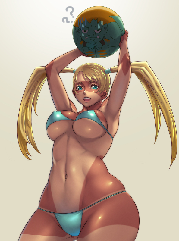 :d ? accessory_tan arm_up armpits arms_up bad_id bad_pixiv_id ball beachball bikini blanka blonde_hair blue_eyes breasts covered_nipples cowboy_shot curvy error fangs hips large_breasts long_hair looking_at_viewer no_mask one-piece_tan open_mouth rainbow_mika sethxzoe shiny shiny_skin simple_background skindentation smile solo street_fighter string_bikini sweatdrop swimsuit tan tanline toned twintails underboob wide_hips yellow_background