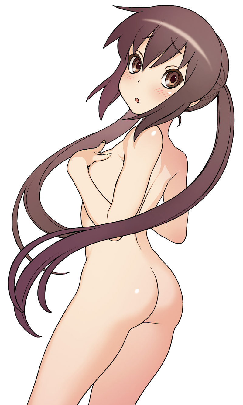 :o ass blush brown_eyes brown_hair flat_chest from_behind highres hijiri_rei k-on! looking_at_viewer looking_back nakano_azusa nude open_mouth simple_background solo twintails white_background
